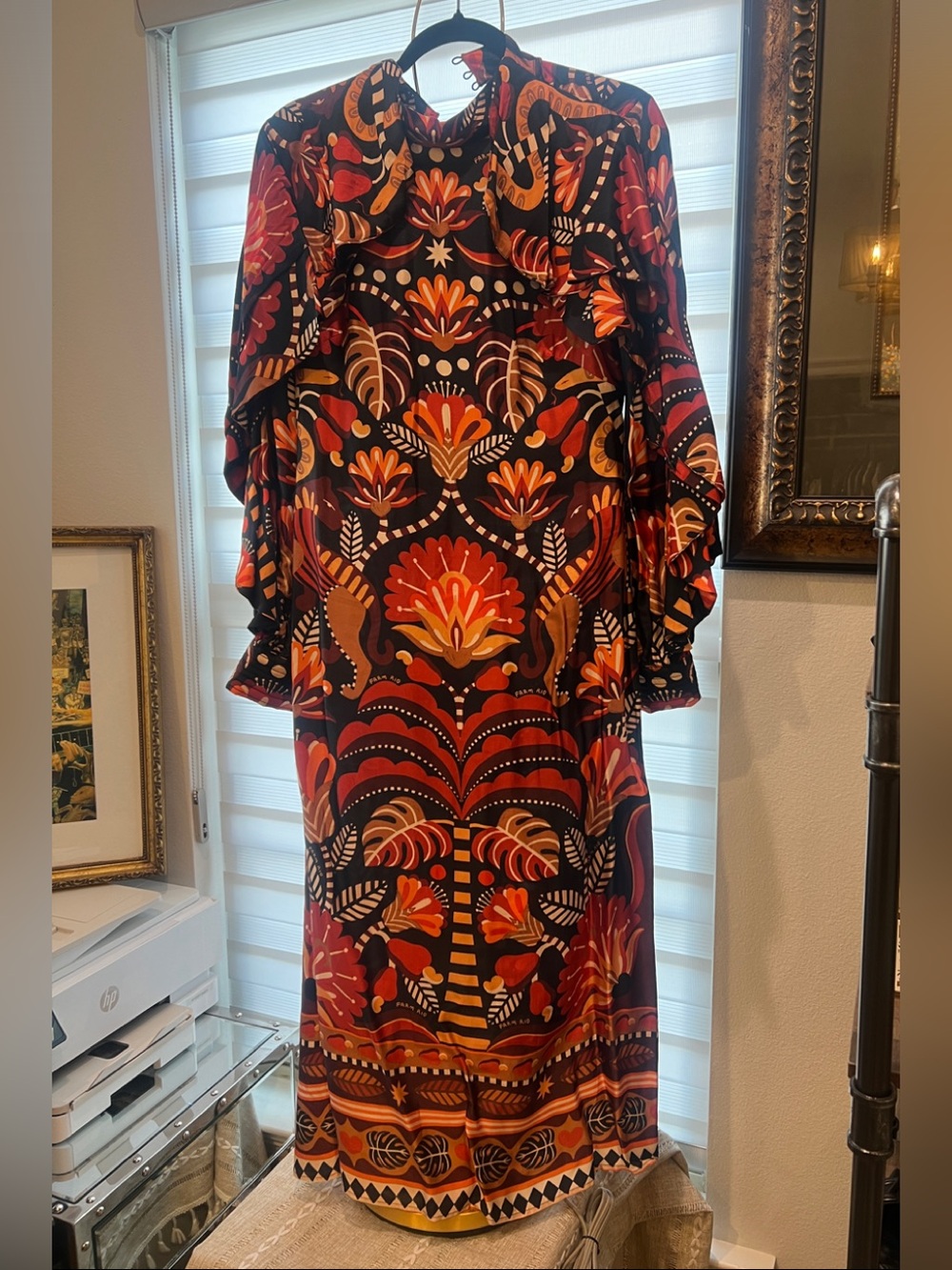 FARM Rio Black Maxi Dress with Rust and Orange Floral Motif